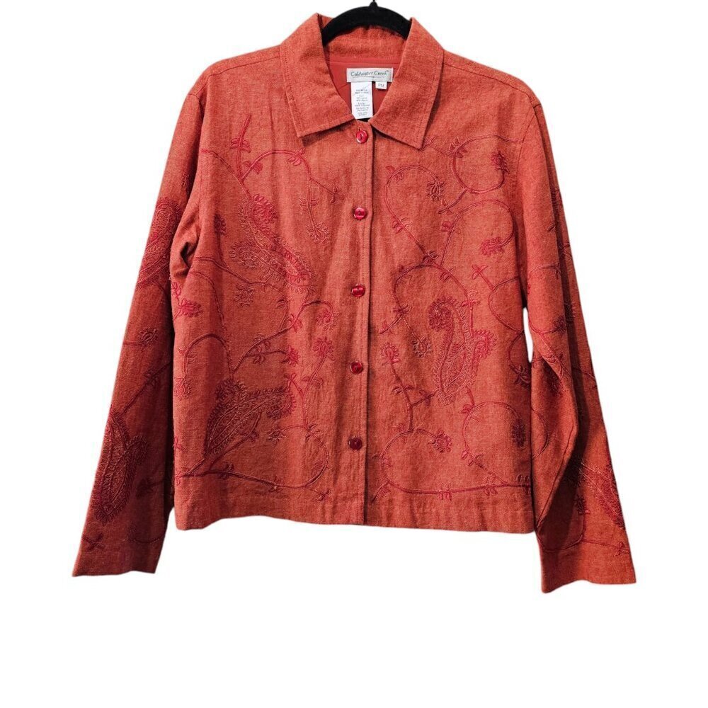 ❤️COLDWATER CREEK Embroidered Linen Blend RUSTIC Orange Boho Blazer Jacket